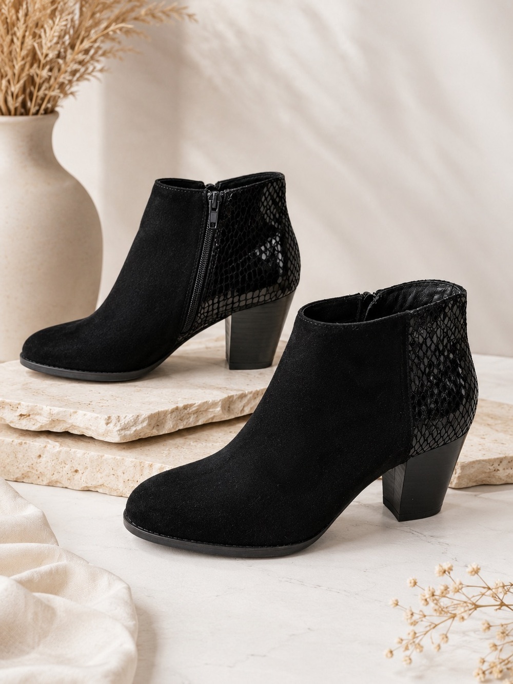 VIONIC Bromley/ Black suede/ Zip Up Orthaheel Snakeskin Back Orthotic Bootie 11